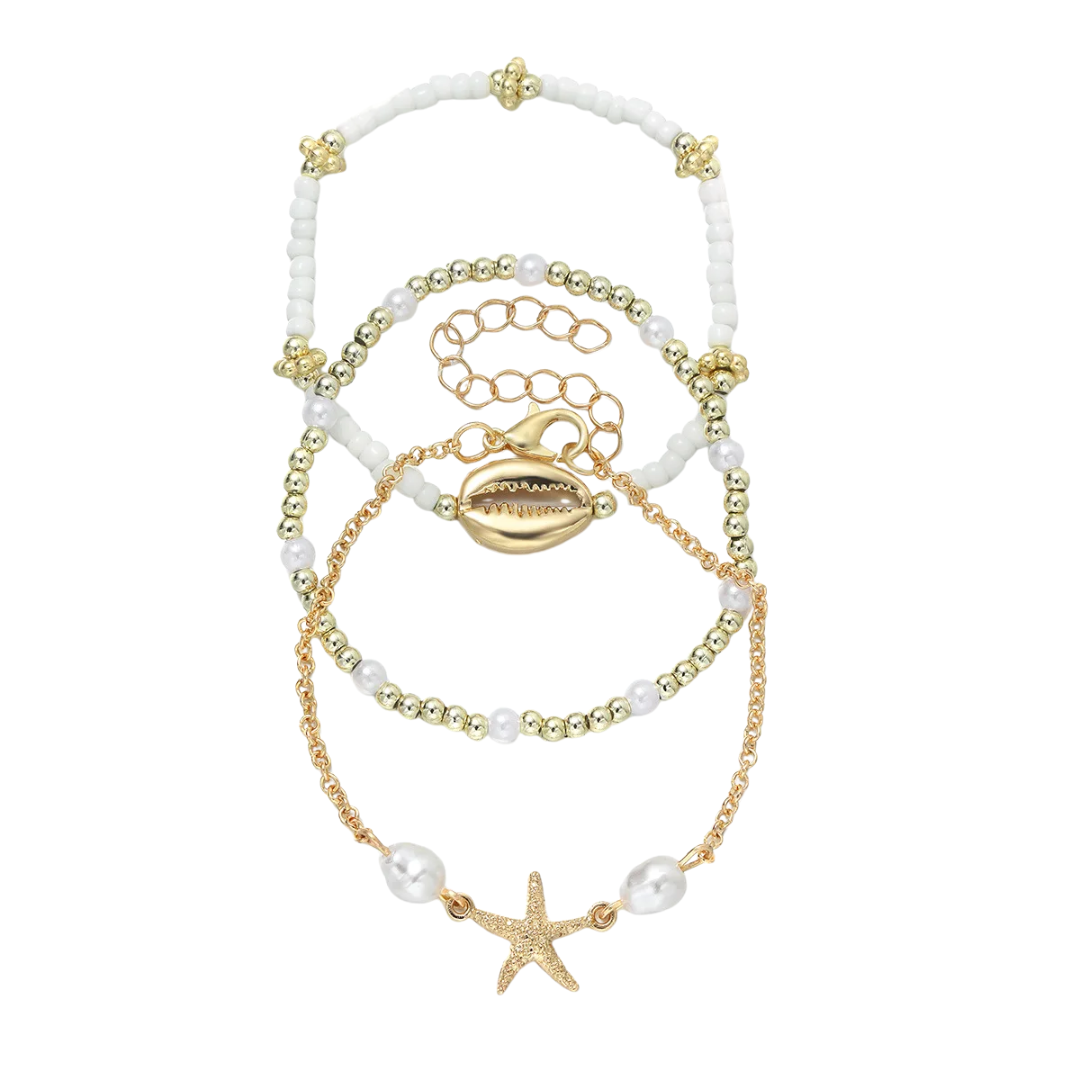 Exquisite Handmade Starfish Shell Bracelet Set Korean Rice Bead Bracelet (3pcs)