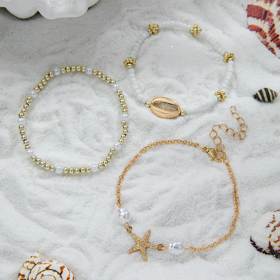 Exquisite Handmade Starfish Shell Bracelet Set Korean Rice Bead Bracelet (3pcs)