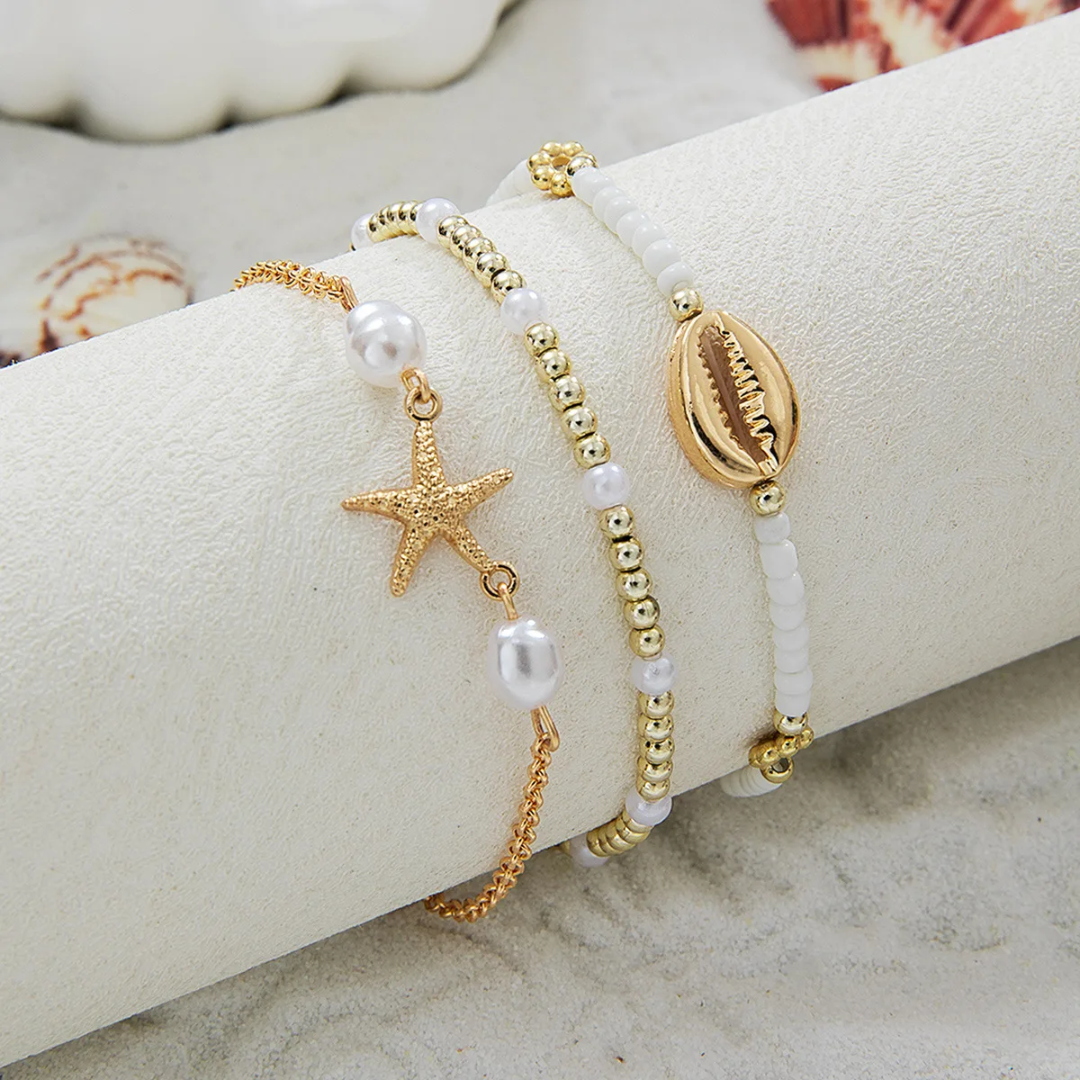 Exquisite Handmade Starfish Shell Bracelet Set Korean Rice Bead Bracelet (3pcs)