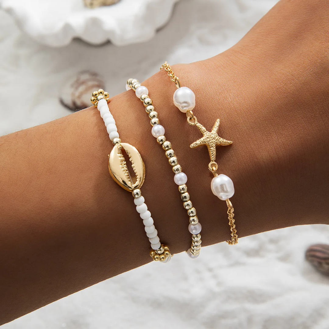 Exquisite Handmade Starfish Shell Bracelet Set Korean Rice Bead Bracelet (3pcs)
