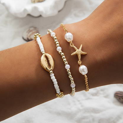 Exquisite Handmade Starfish Shell Bracelet Set Korean Rice Bead Bracelet (3pcs)