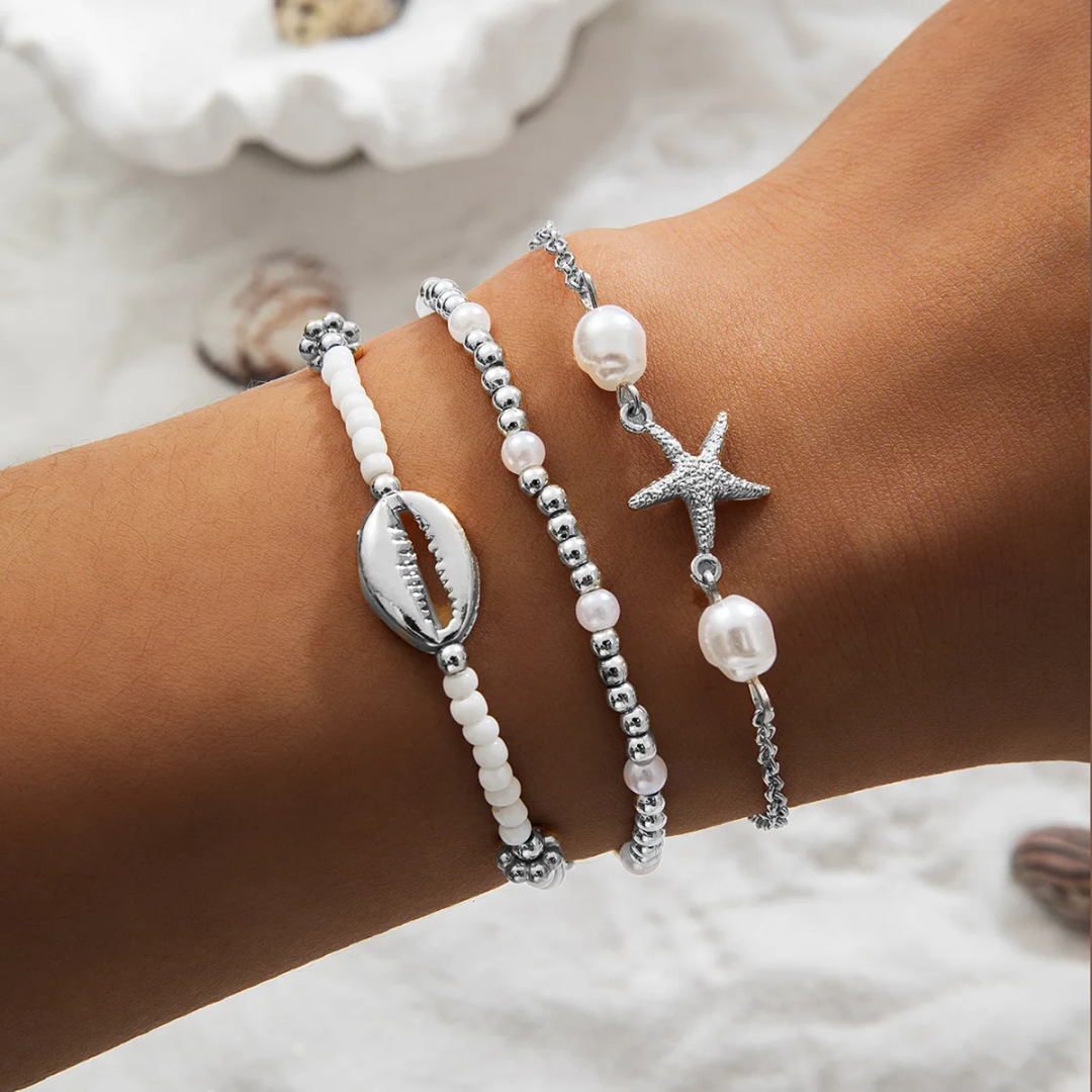Exquisite Handmade Starfish Shell Bracelet Set Korean Rice Bead Bracelet (3pcs)